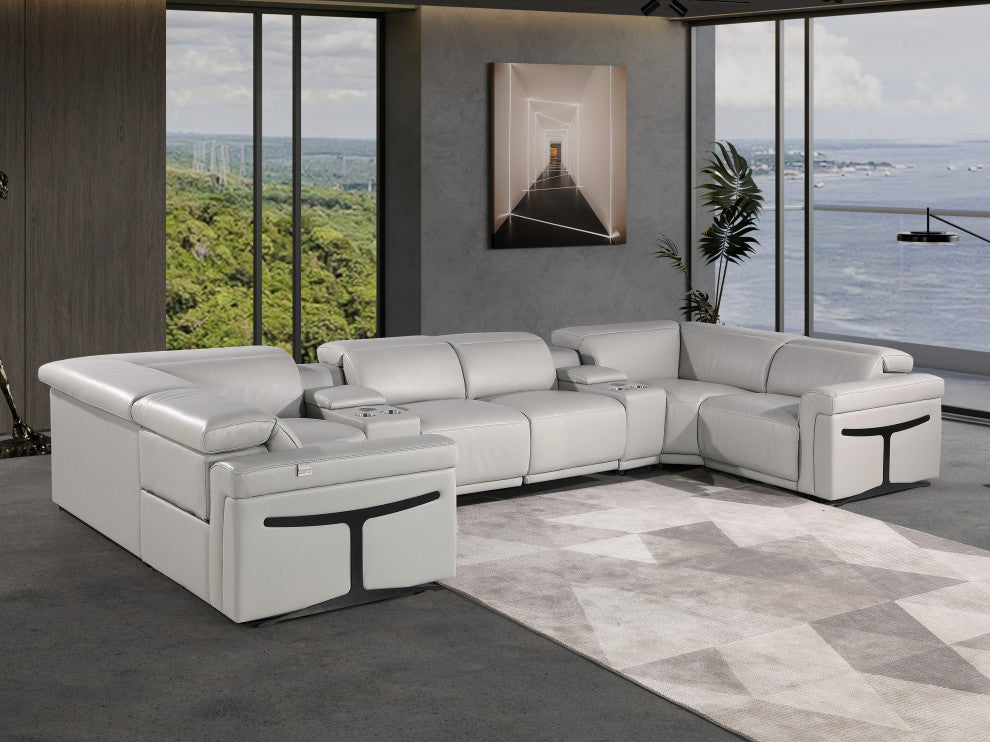 GIOVANNI 8-Piece 2-Power Reclining Italian Leather Sectional, Light Gray