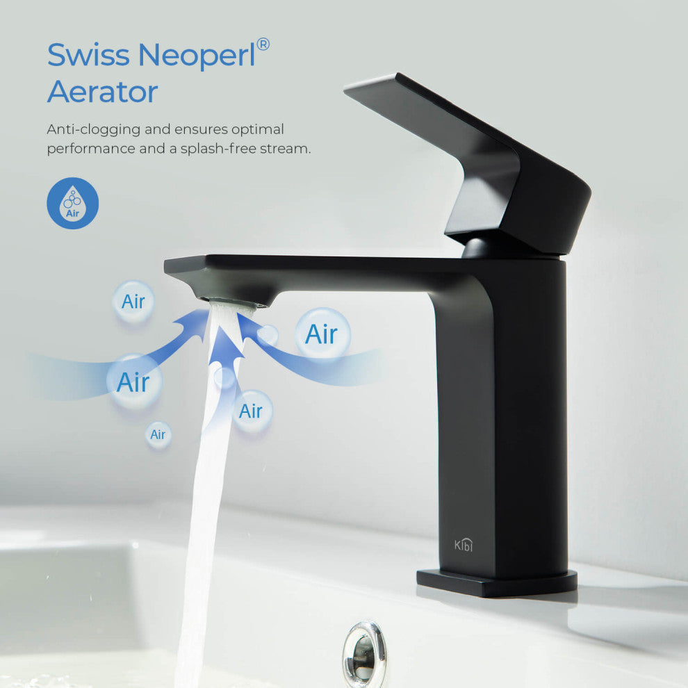 KIBI Mirage Single Handle Bathroom Faucet, Matte Black, With Drain