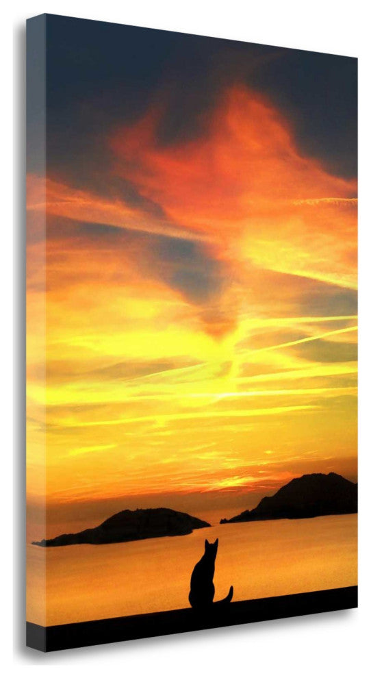 18" Black Cat Watching Sunset 1 Giclee Wrap Canvas Wall Art