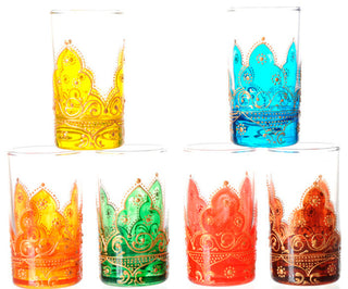 Hand Painted Arabesque Glass Teacups, Set of 6