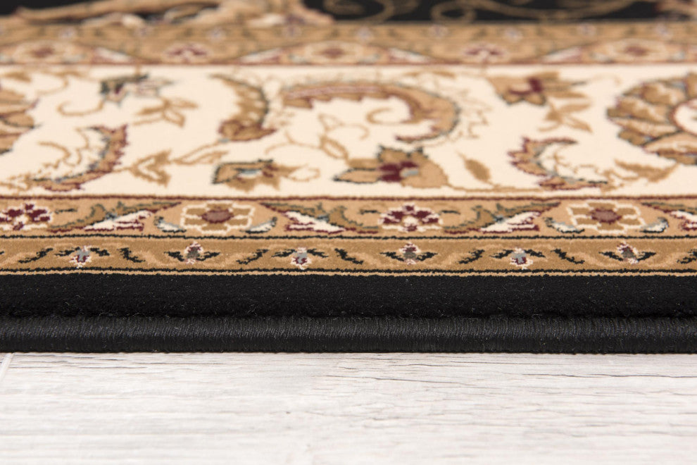 7"x9" Black and Tan Floral Vines Area Rug