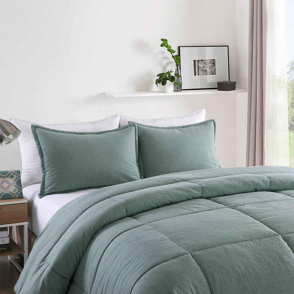 Washed Cotton Comforter Mini Set, Green, Twin Xl