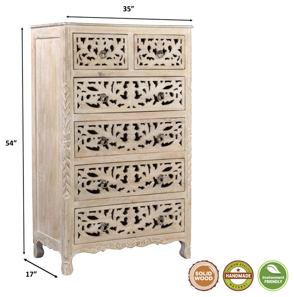 Delaney Carved Tall Chest, Distressed Off-White
