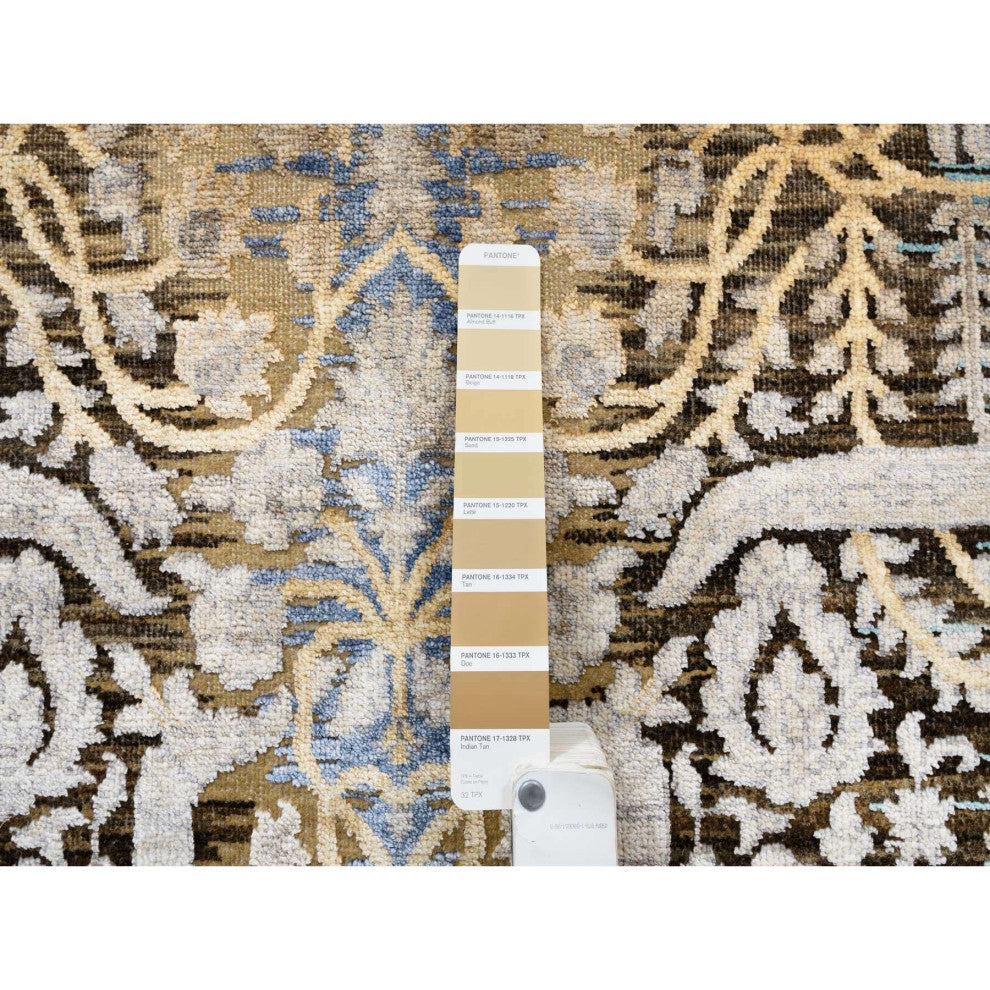 Honey Brown, Silk With Textured Wool, Hand Knotted, Runner, Rug, 4'0" x 12'0"