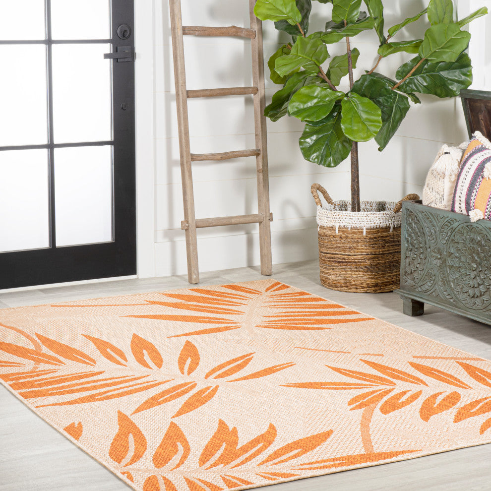 Havana Tropical Palm Leaf Indoor/Outdoor Area Rug, Cream/Orange, 4 X 6
