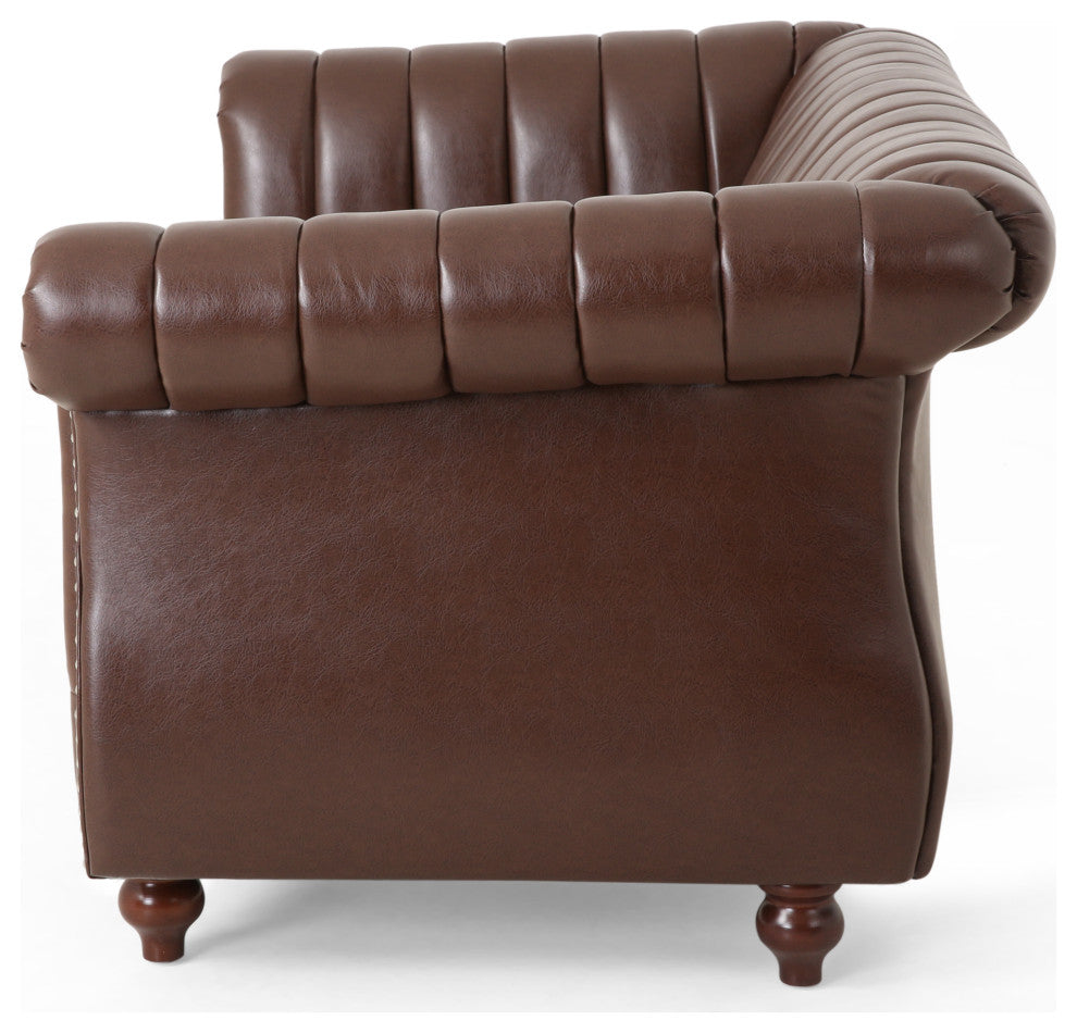 Bauman Modern Glam Channel Stitch Loveseat with Nailhead Trim, Dark Brown and Espresso, Pu
