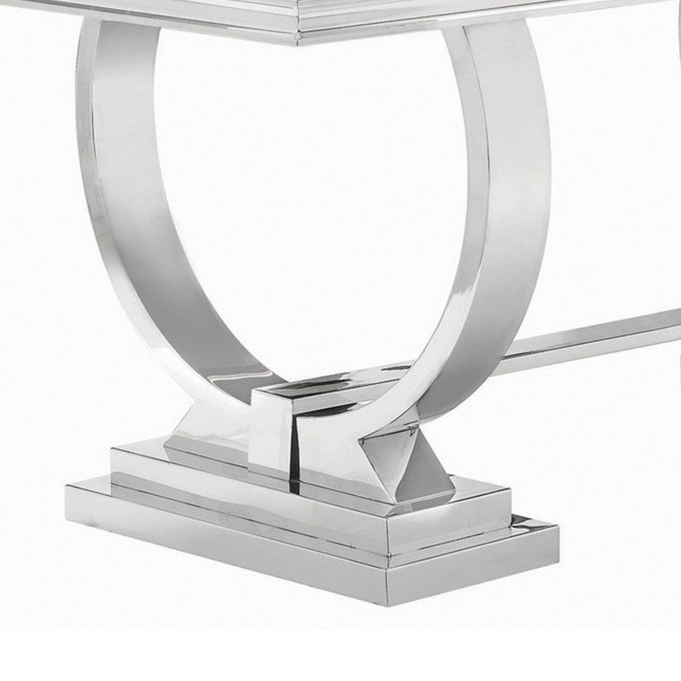Benzara BM242094 Dining Table With Glass Top and Trestle Base, Black and Chrome