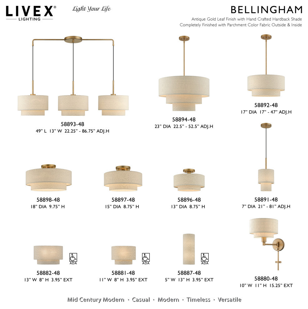 Bellingham 3-Light Antique Gold Leaf Large Semi-Flush