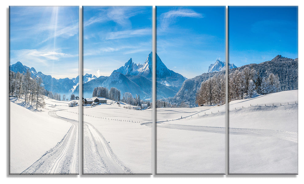 Winter in Bavarian Alps Panorama, Landscape Canvas Art Print, 48"x28", 4 Panels