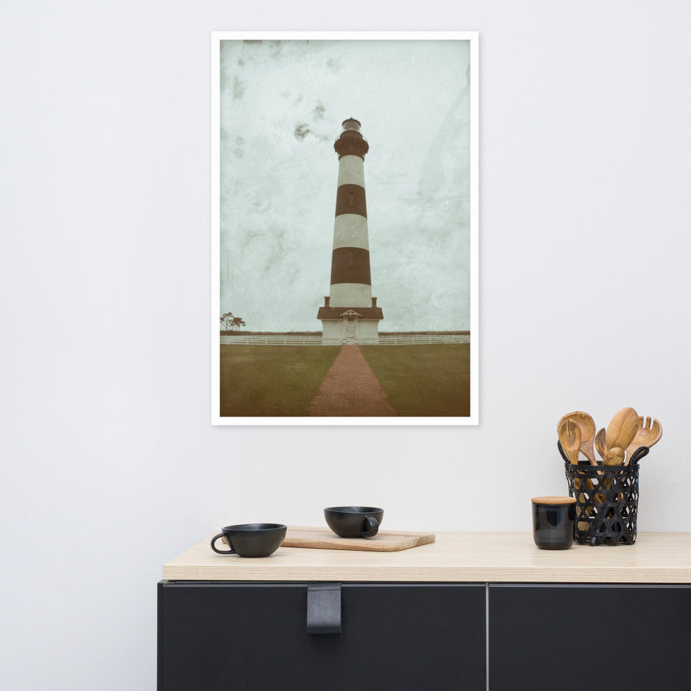 Aged Bodie Lighthouse Landscape Framed Photo Paper Wall Art Prints, White, 24" X 36"