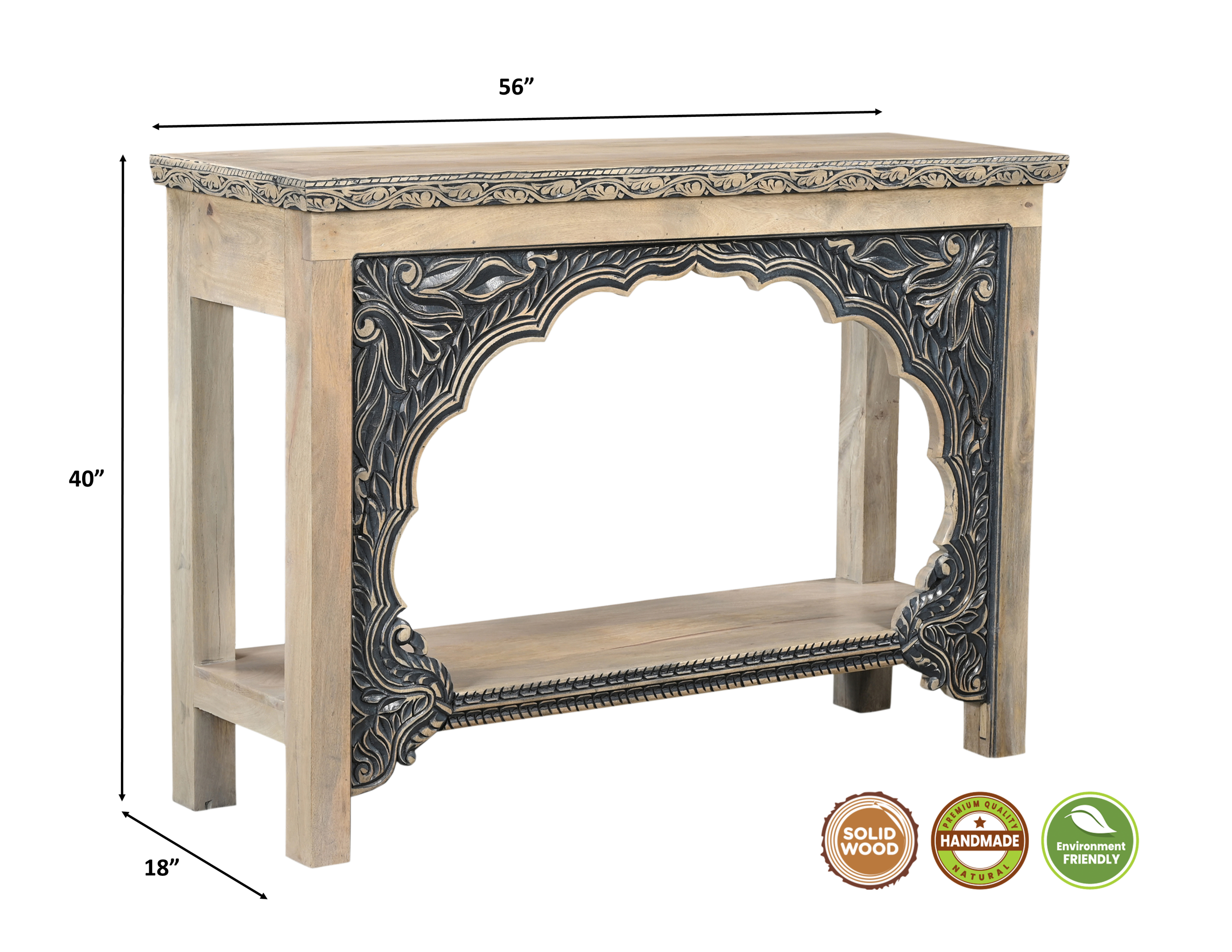 Sophia Carved Solid Wood Console Table, Beige/Black