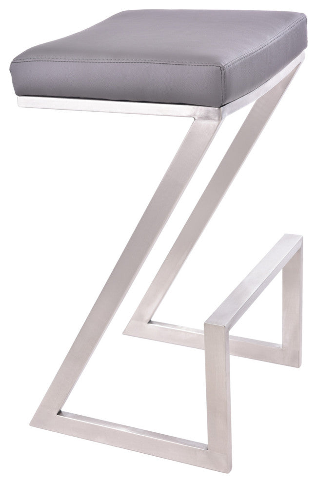 26" Contempo Gray Faux Leather and Stainless Backless Bar Stool