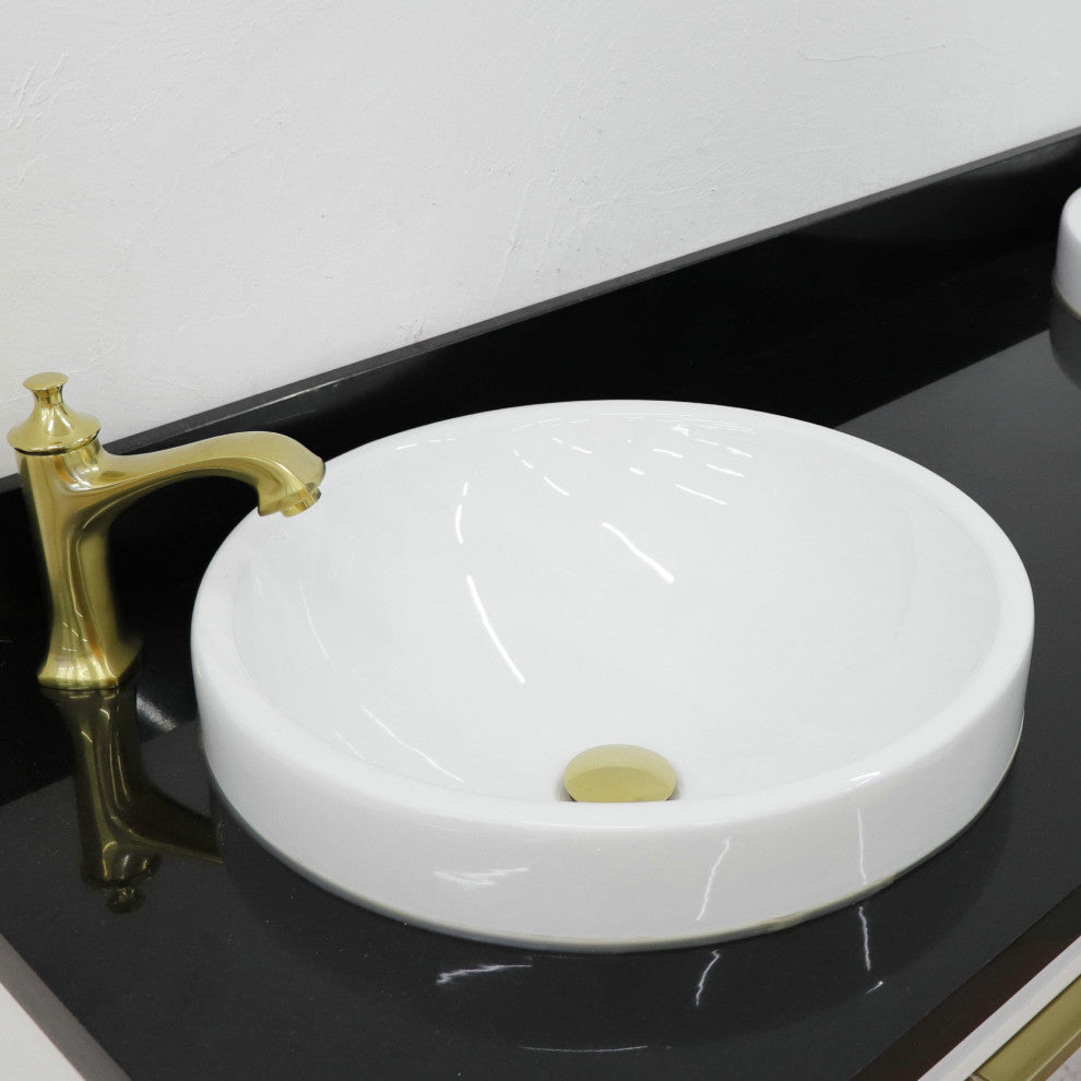 61" Double Sink Vanity, White Finish With Black Galaxy Granite And Round Sink