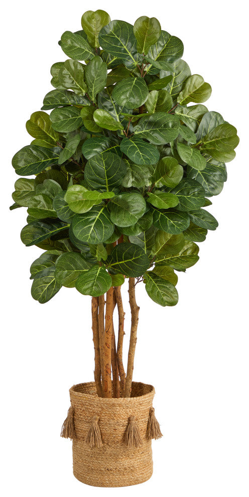 5' Fiddle Leaf Fig Artificial Tree, Handmade Natural Jute Planter With Tassels