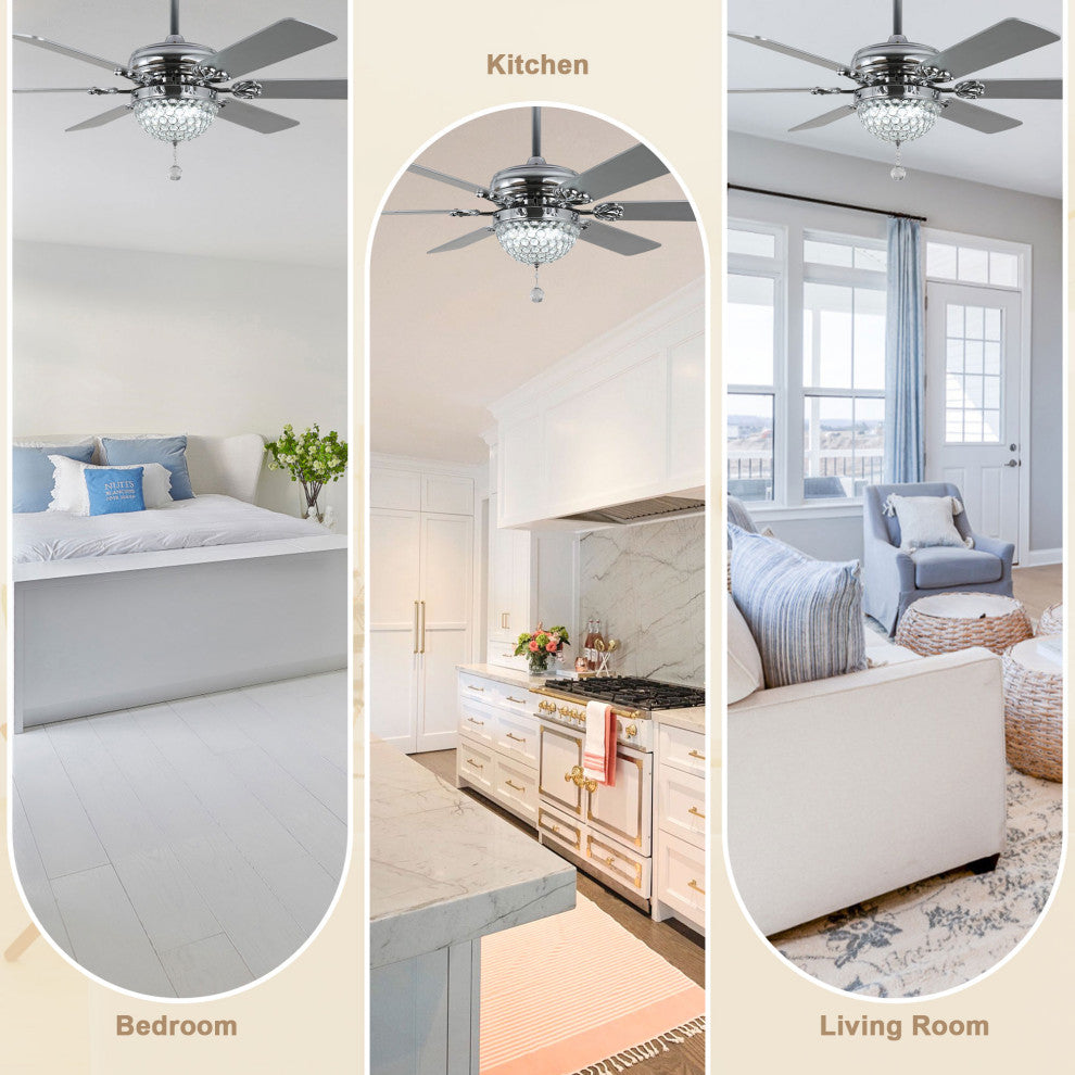 65" Modern Crystal Ceiling Fan with Dimmable LED Light and Remote, Silver