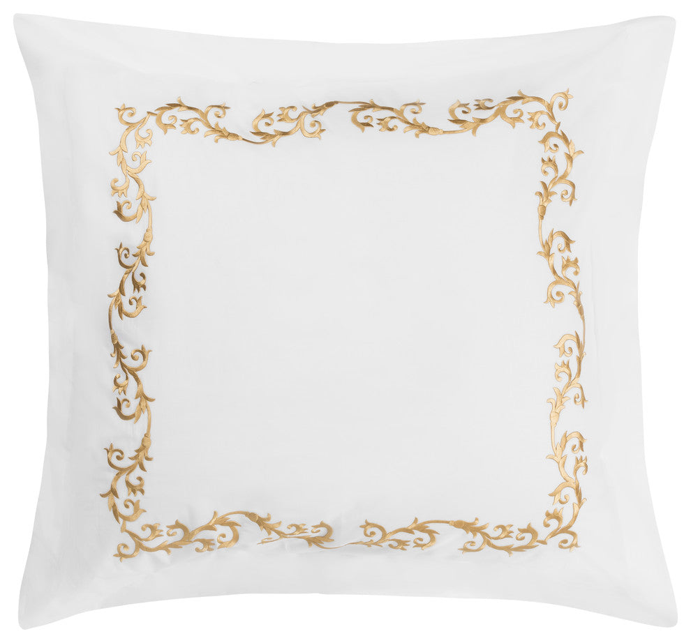 Tuscany Euro Pillow Shams, Set of 2, White With Gold Embroidery