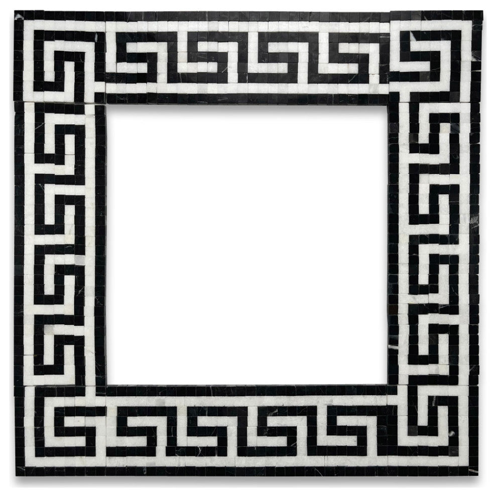 Greek Key Thassos White Nero Marquina Black Marble Mosaic Border Tile, 1 piece