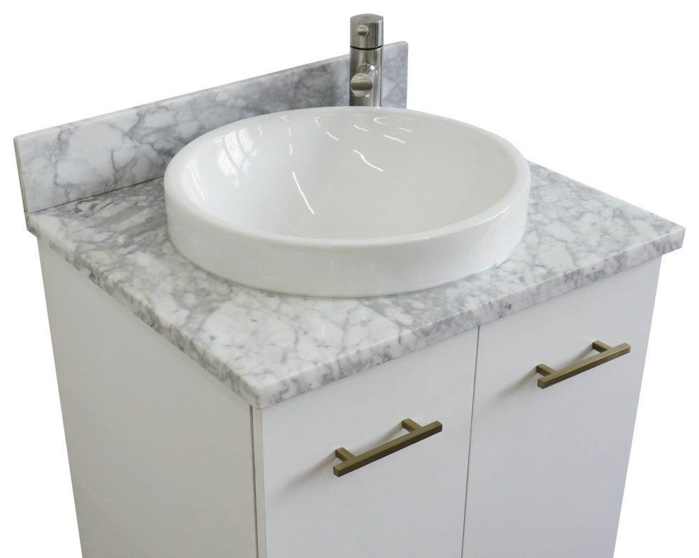 25" Single Sink Vanity, White Finish With White Carrara Marble And Round Sink