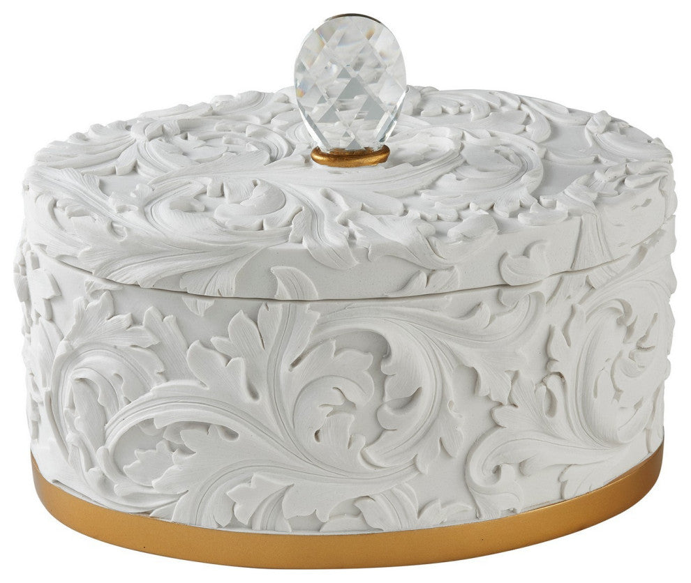 Benzara BM240880 Jewelry Box With Baroque Scroll Design/Crystal Accent, White