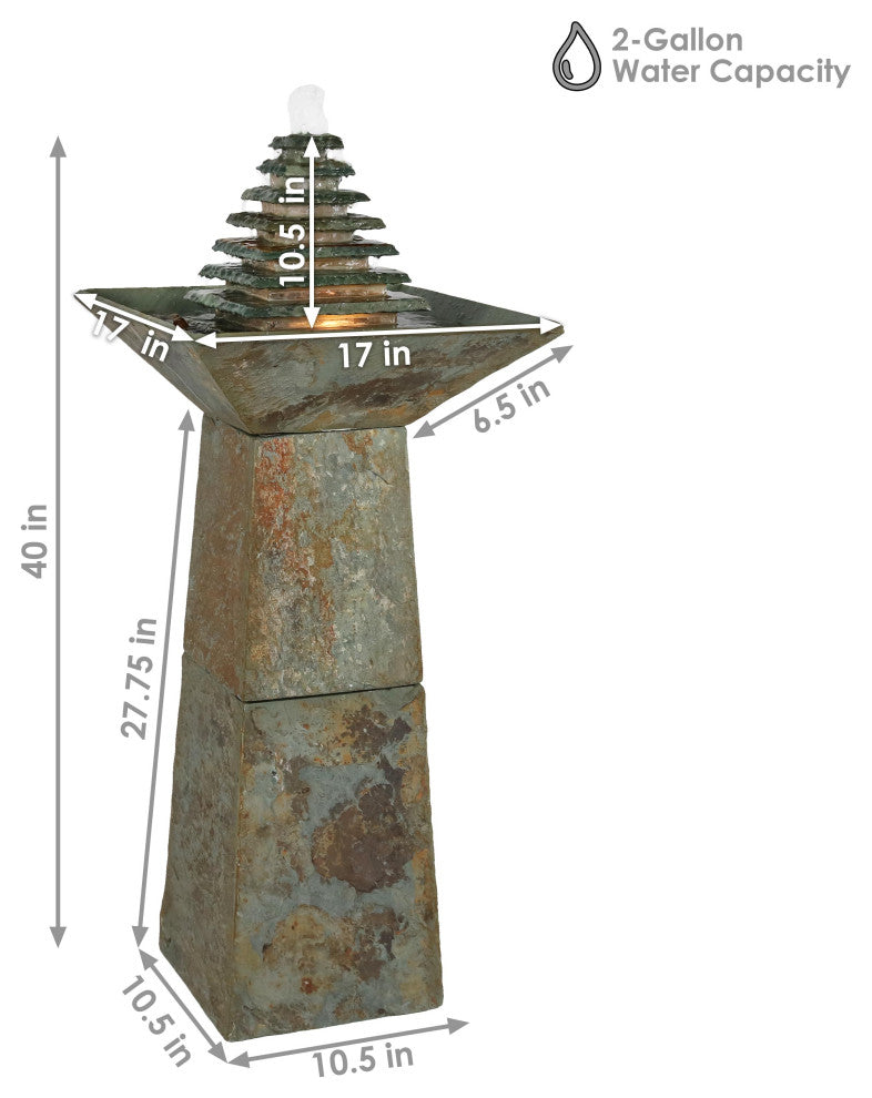 Sunnydaze Layered Slate Pyramid Outdoor Water Fountain With LED, 40"