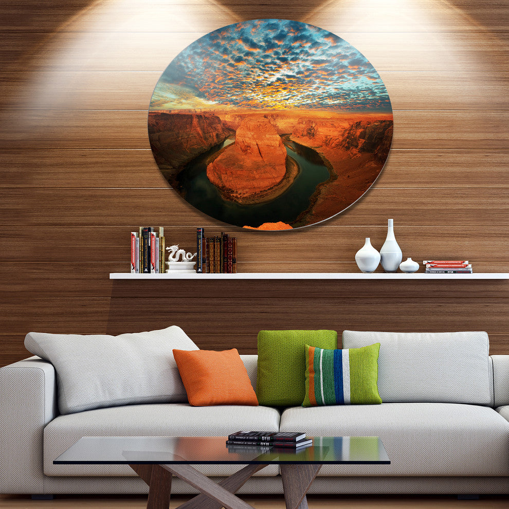 Horse Shoe Bend Under Stormy Sky, Landscape Round Metal Wall Art, 23"