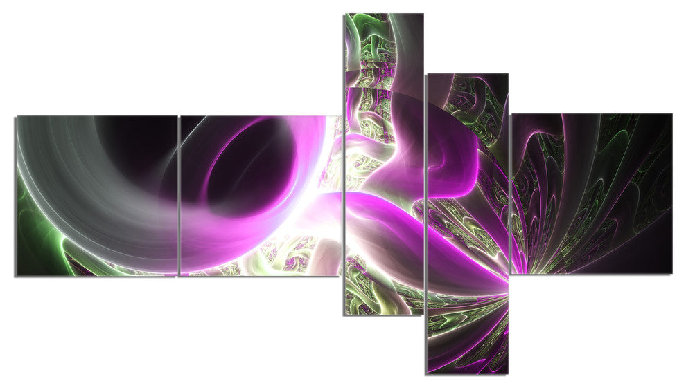 Light Purple Designs on Black, Abstract Wall Art Canvas, 60"x32", 5 panels