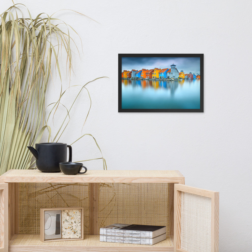Blue Morning at Waters Edge Landscape Framed Photo Paper Wall Art Prints, Black, 12" X 18"