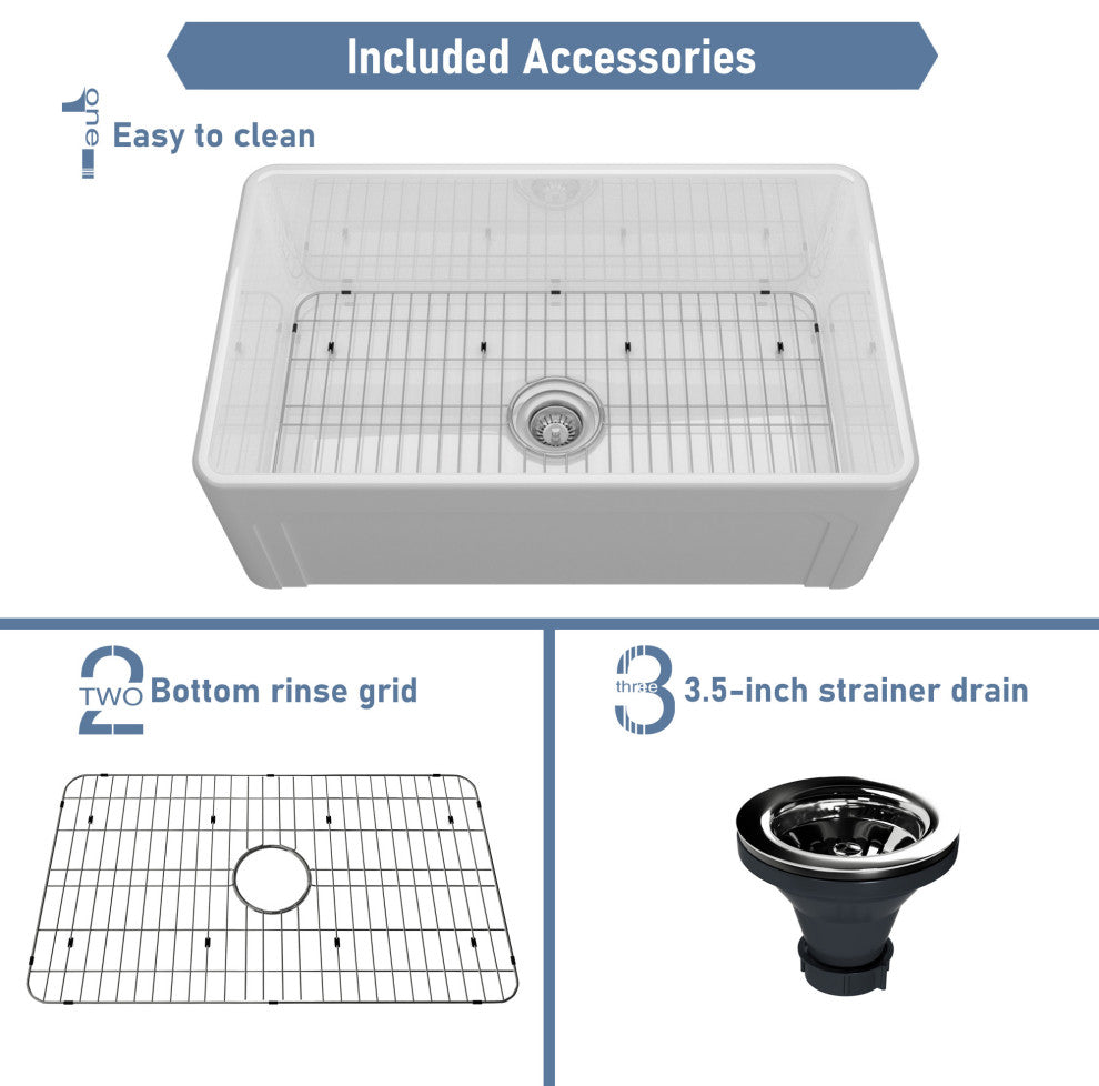30in Single Bowl Farmhouse Apron Kitchen Sink with Bottom Grid and Strainers, 30