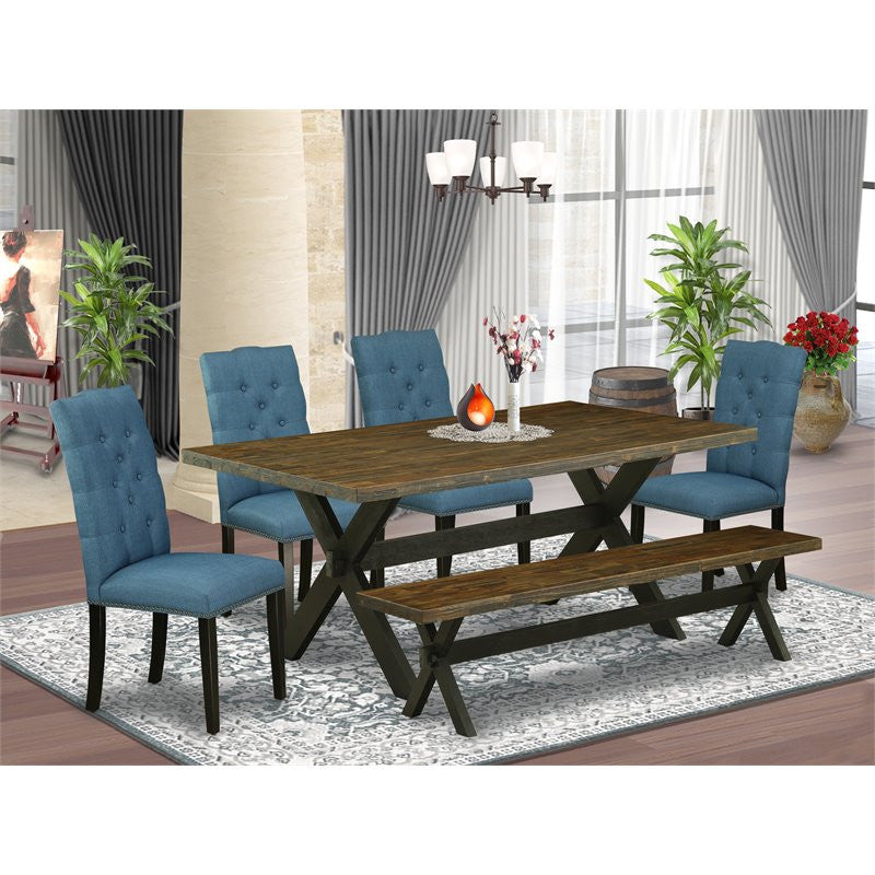 6-Piece Set Table Top and Dining Bench and 4 Linen Fabric Chairs, Black