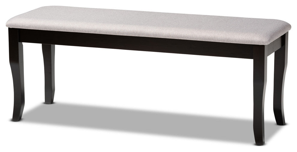Aerni Transitional Gray Upholstered and Dark Brown Wood Dining Bench