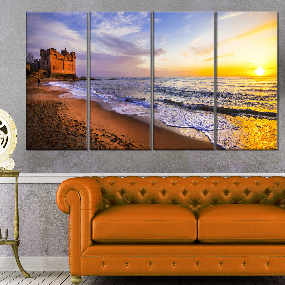 "Castle Santa Severa Over Sunset Italy" Seascape Wall Art, 4 Panels, 48"x28"