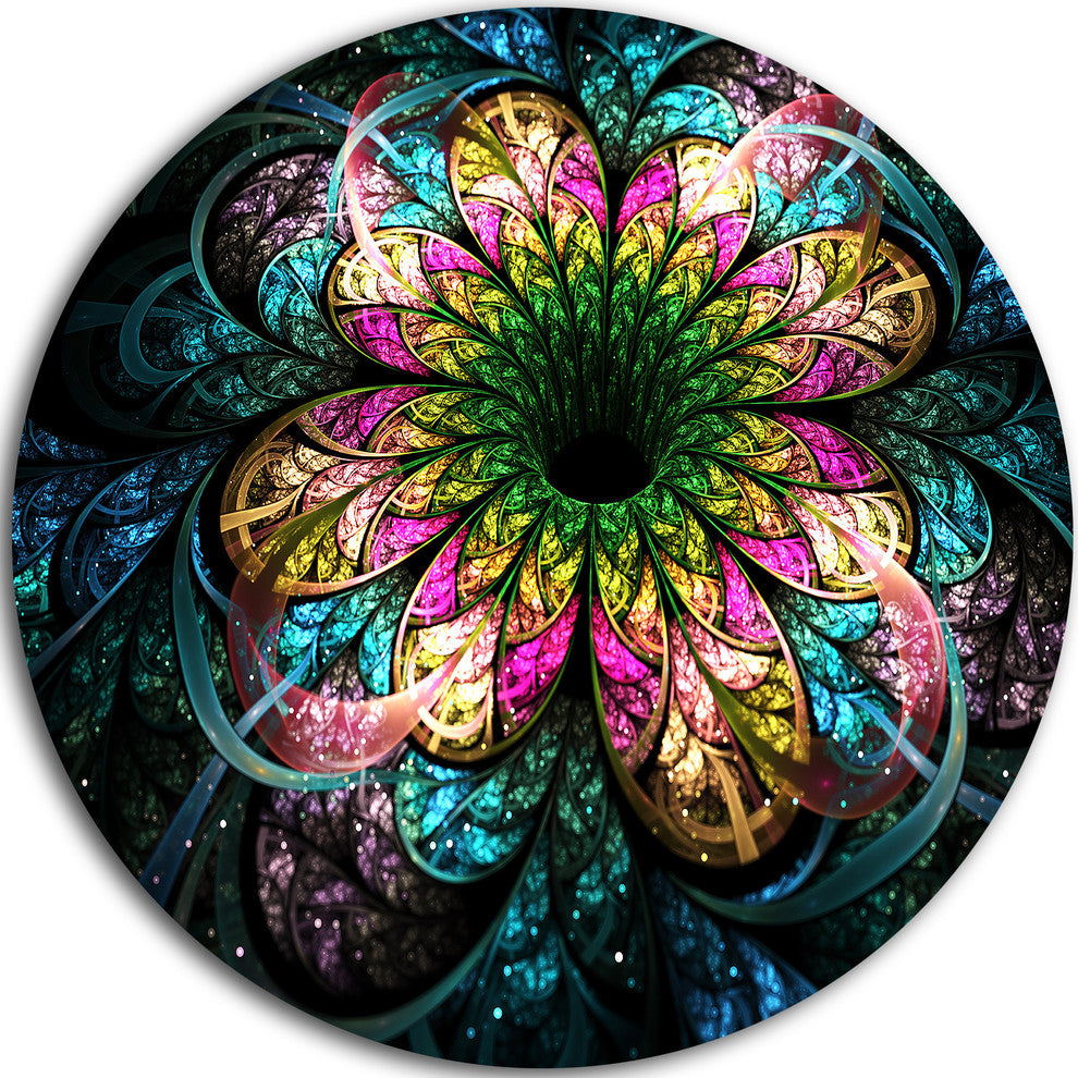 Fractal Flower Dark Colorful Digital, Floral Disc Metal Wall Art, 23"