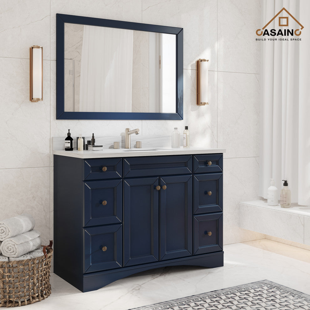 Solid Wood Bath Vanity in Navyblue with White Natural Marble Top and Mirror, 48in