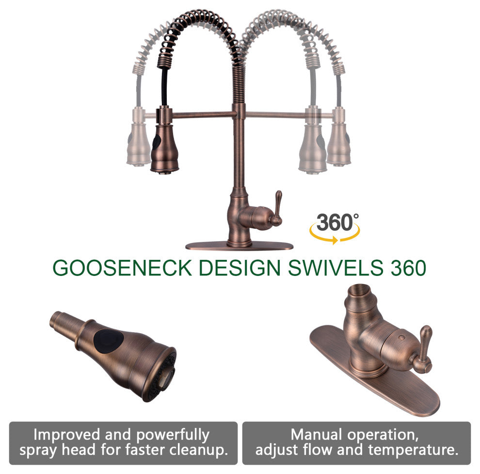 Copper Pre-Rinse Spring Kitchen Faucet with Pull Down Sprayer, American Bronze