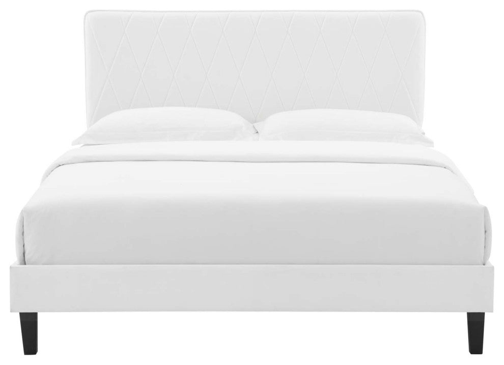 Platform Bed Frame, King Size, Velvet, White, Modern Contemporary, Bedroom