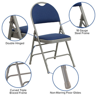 2 Pack HERCULES Extra Large Triple Braced Folding Chair with Easy-Carry Handle, Navy Fabric/Gray Frame
