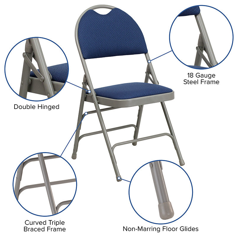 2 Pack HERCULES Extra Large Triple Braced Folding Chair with Easy-Carry Handle, Navy Fabric/Gray Frame