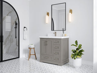 Boston 36 Left Offset Bath Vanity in Elephant Skin Gray 2" Carrara Quartz