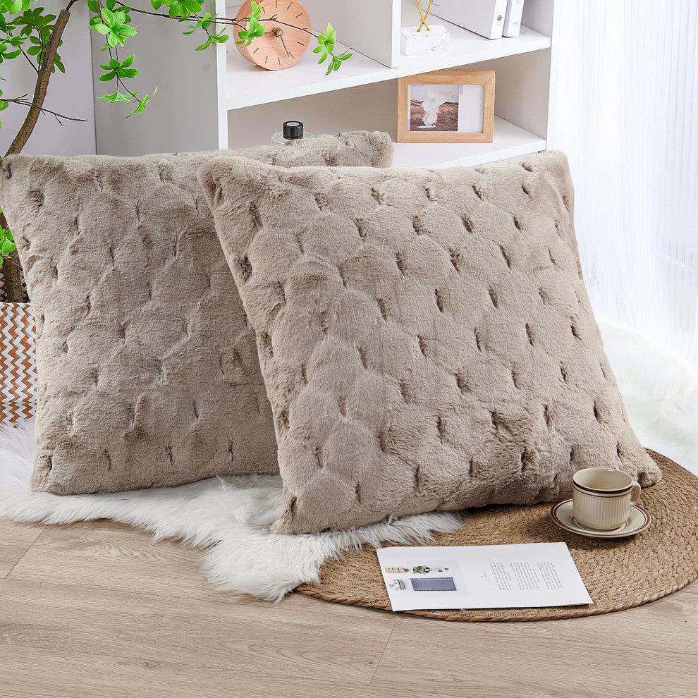 Jacquard Rabbit Faux Fur Pillow Cover 2 Piece Set, Taupe, 26" X 26"