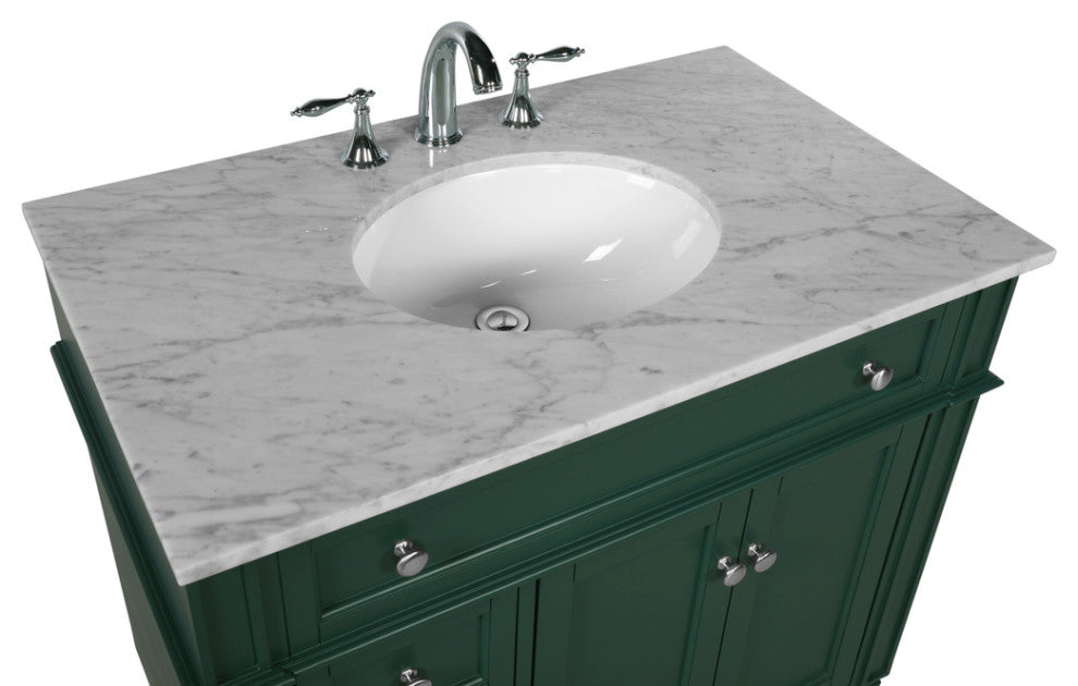 Home Living Vanity with Carrara White Marble Countertop, Green, 36", Single Sink