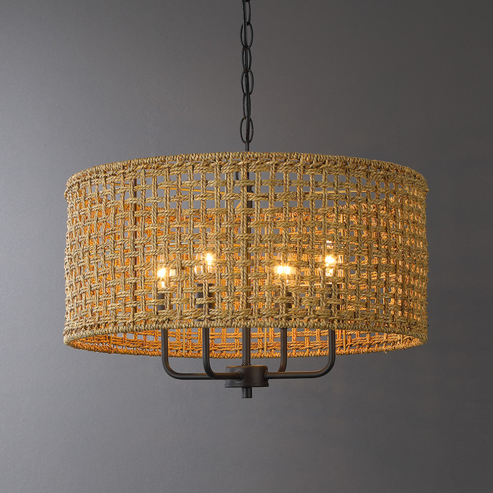 20" 4-Light Bohemian Coastal Drum Chandelier with Seagrass Hand Woven Shade