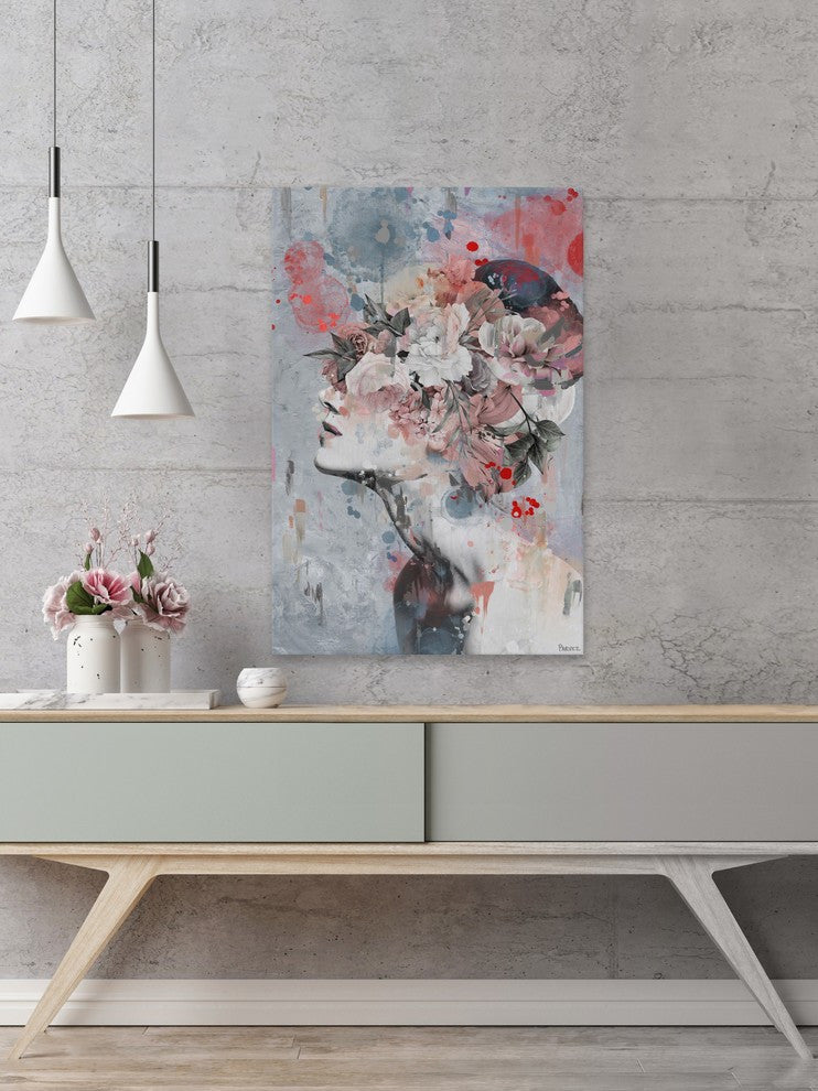 "Pink Flower Face" Painting Print on Wrapped Canvas, 8"x12"