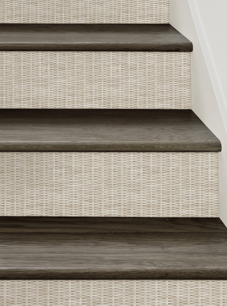 Rattan Weave Peel and Stick Stair Riser Strips, White Wash, 48"x7", Set of 6