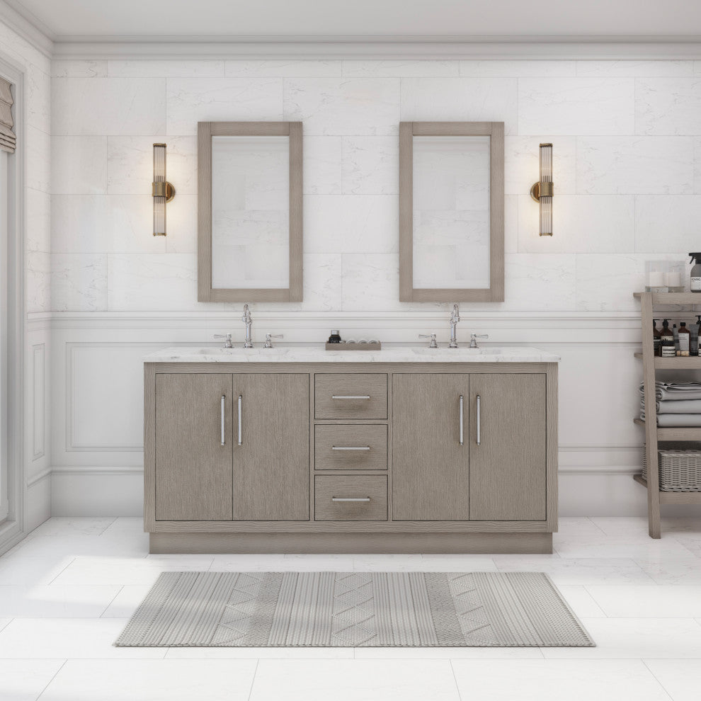 Hugo 72 Double Sink White Marble Countertop Vanity, Gray Oak With Hook Faucets