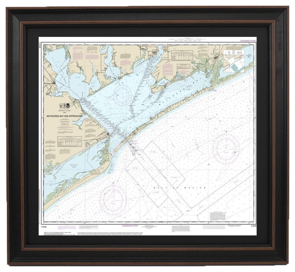 Nautical Chart, Matagorda Bay and Approaches, Poster Framed