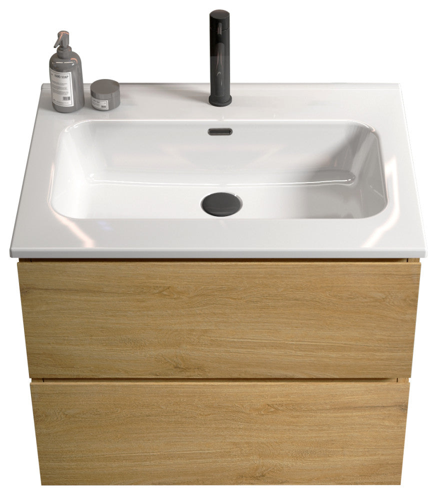 Wall-Mounted Bathroom Vanity Set with Ceramic Sink with one faucet hole, Oak