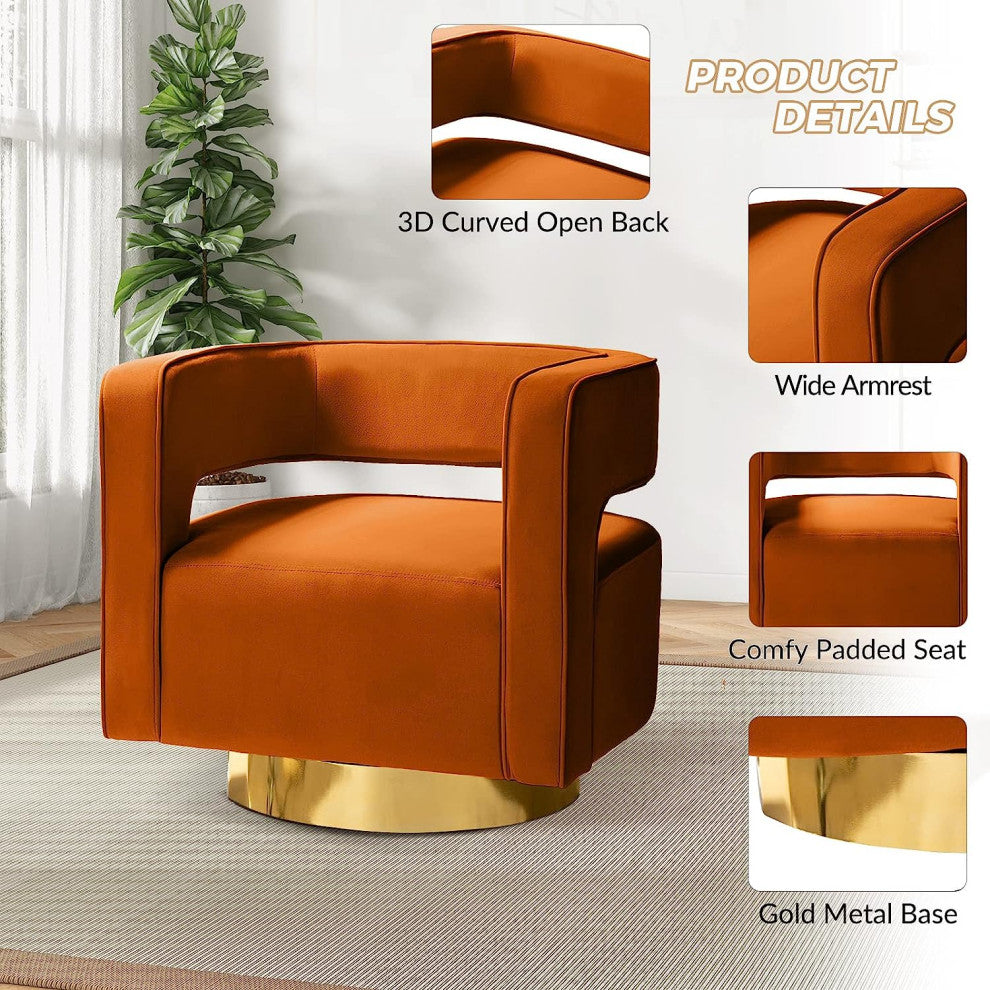 Comfy Swivel Barrel Chair With Metal Base, Orange
