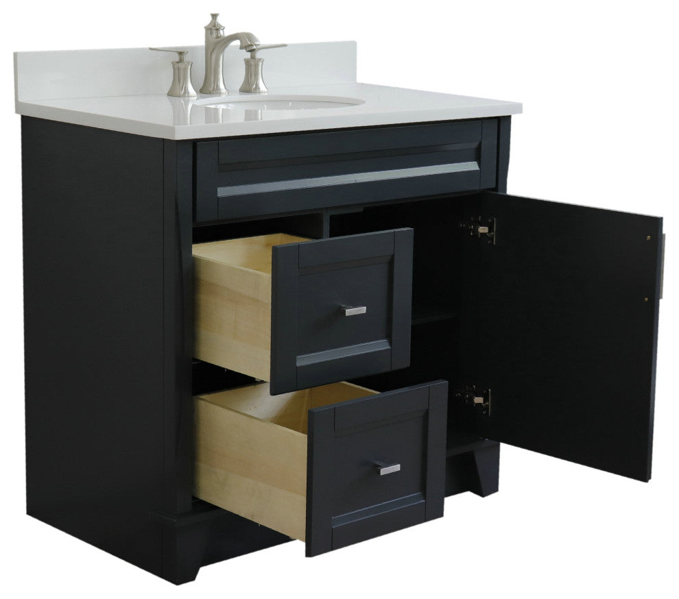 37" Single Sink Vanity, Dark Gray Finish With White Engineered Stone Top