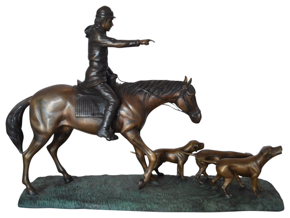 Hunter with three dogs Bronze Statue -  Size: 27"L x 6"W x 18"H.