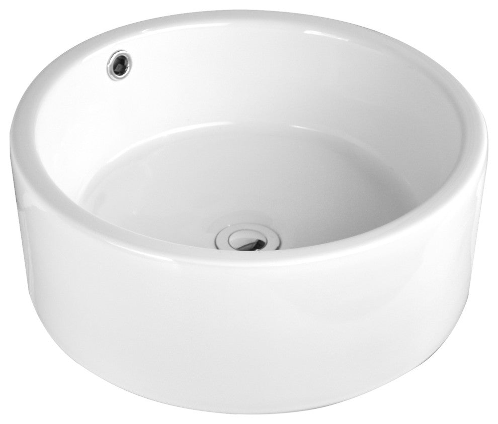 Sutherland White Ceramic Round Vessel Bathroom Sink with Overflow, popup drain